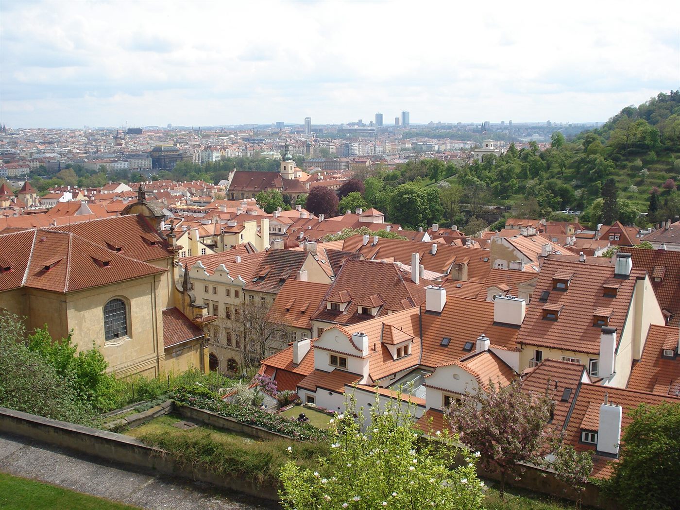 Prague skyline with its historic rooftops and river