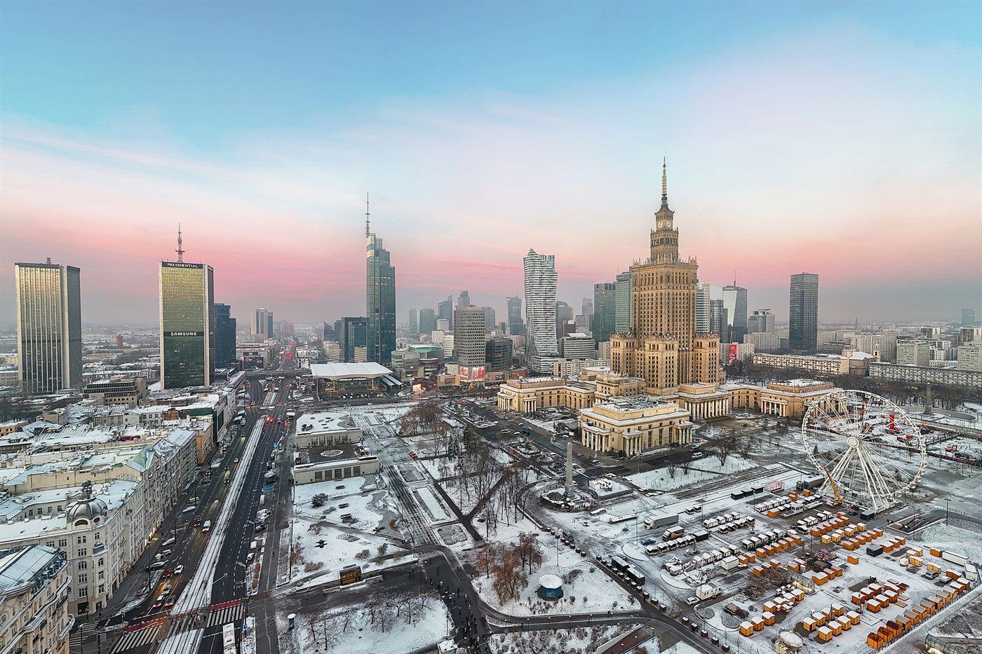 New office towers above older central European blocks in Warsaw