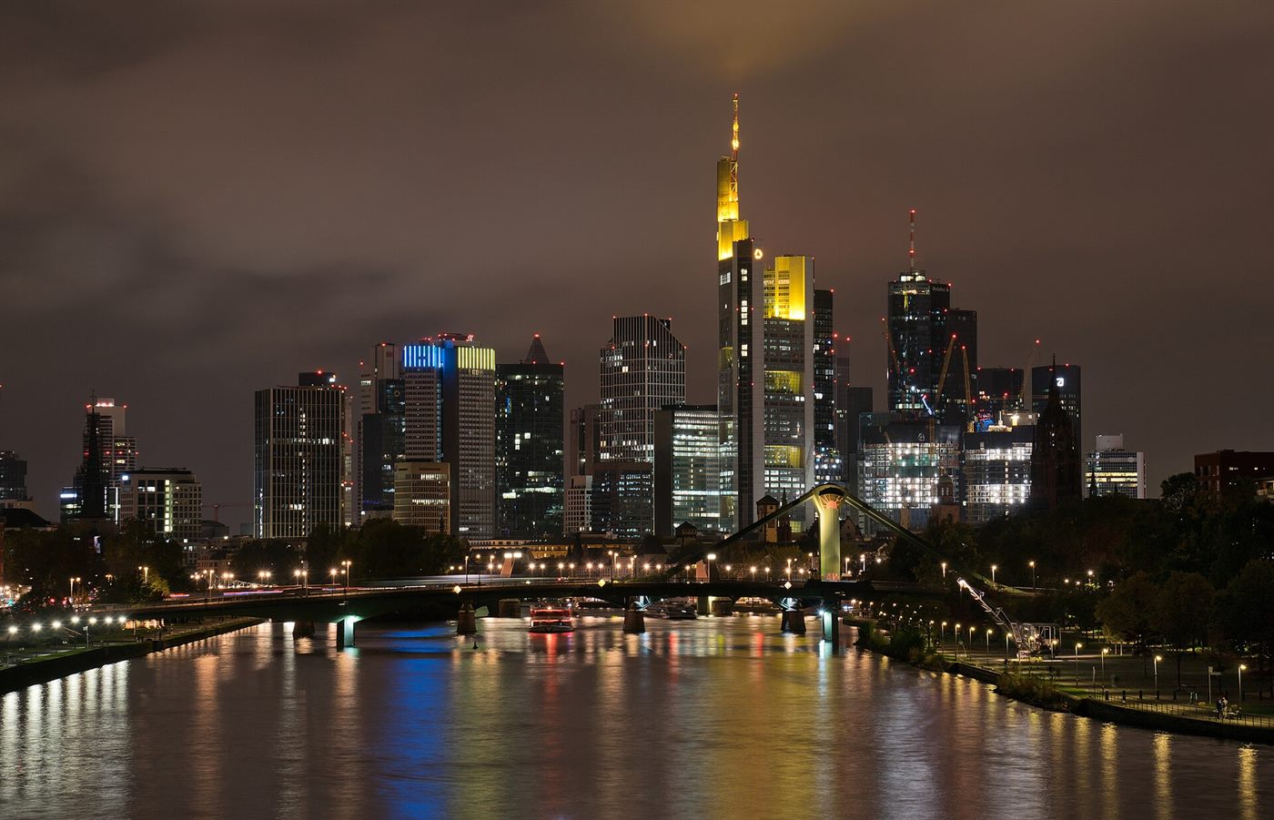 Frankfurt financial district skyline illuminated at night